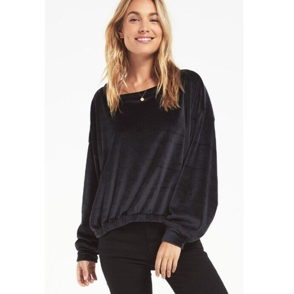 Z Supply Women Bodhi Velour Baggy Cropped Sweatshirt Black Medium Casual Sporty - Picture 1 of 11